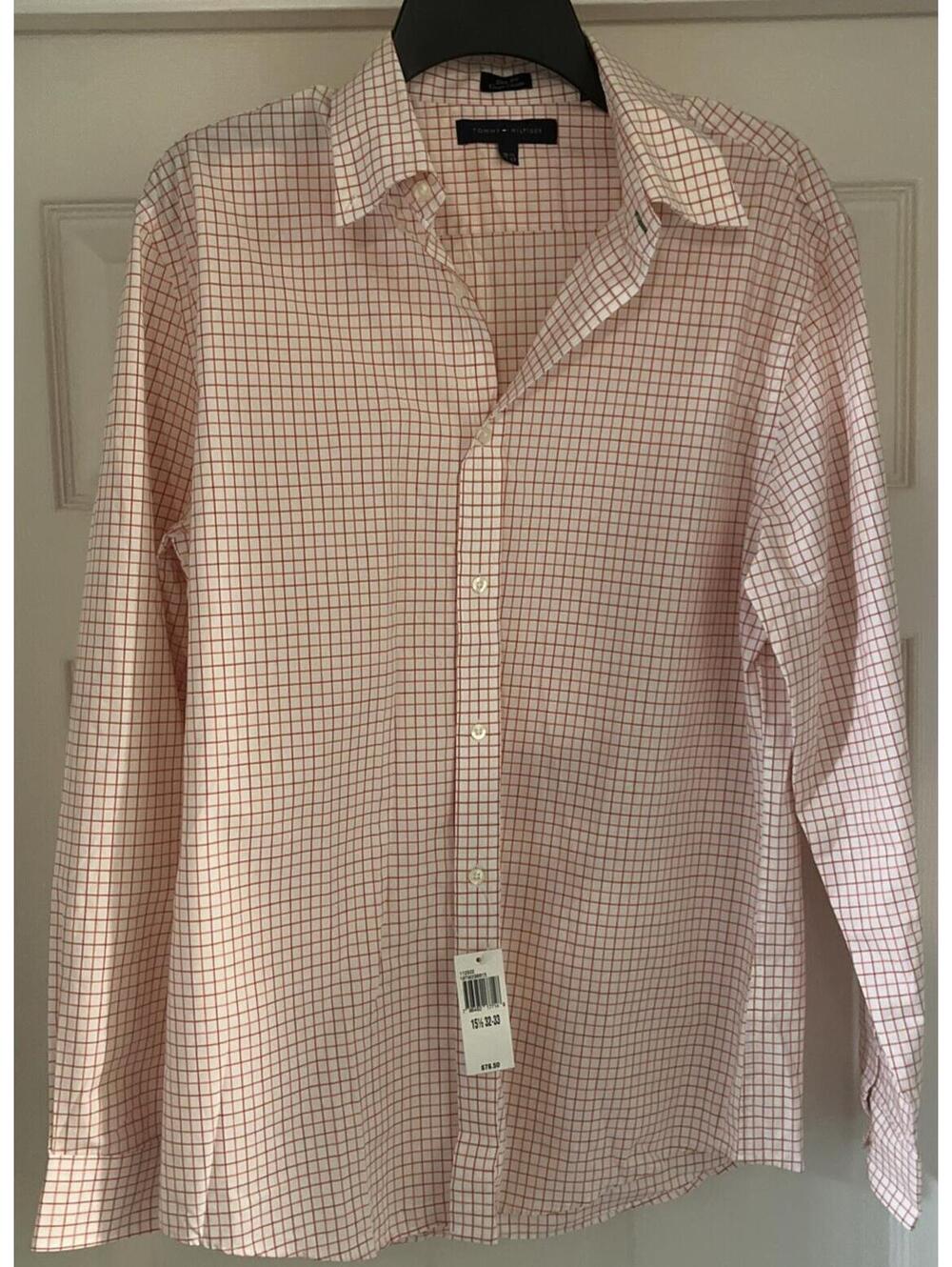 Tommy Hilfiger Mens Slim Fit Coupe Red Stripes Dress Shirt 15-1/2 32-33 NWT!!